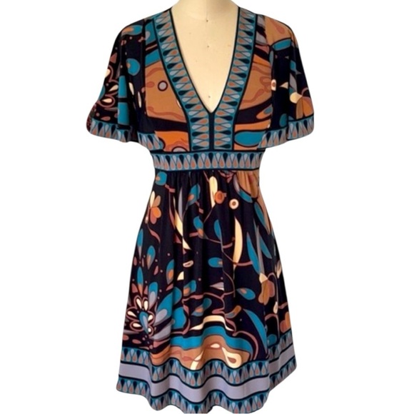 BCBGMAXAZRIA DRESS |XS Multi-Print Tie-Back Flutter Sleeve Dress - Picture 5 of 10